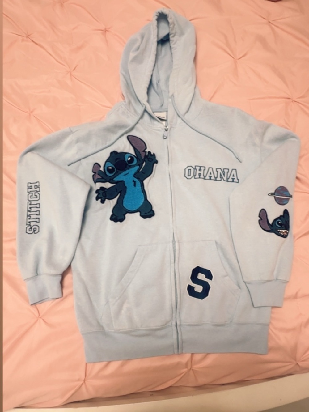 Disney Light Blue Stitch Zip-Up Hoodie with Patches